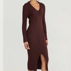 Elegant Brown Ribbed Body-con Knit Dress